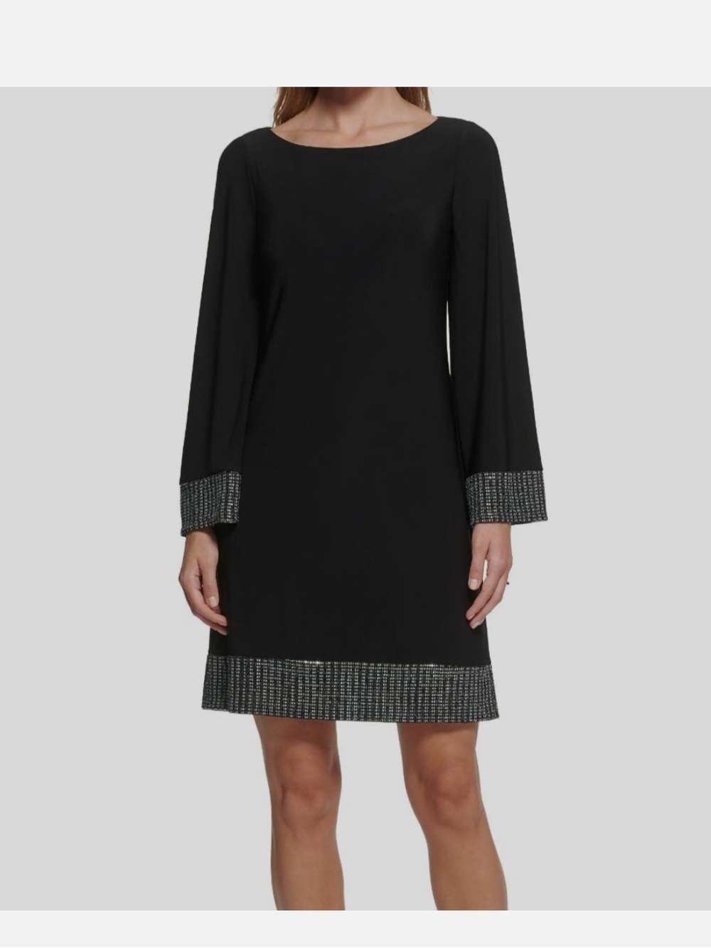 Jessica Howard Black Long-Sleeve Shift Dress with Metallic Trim size 8